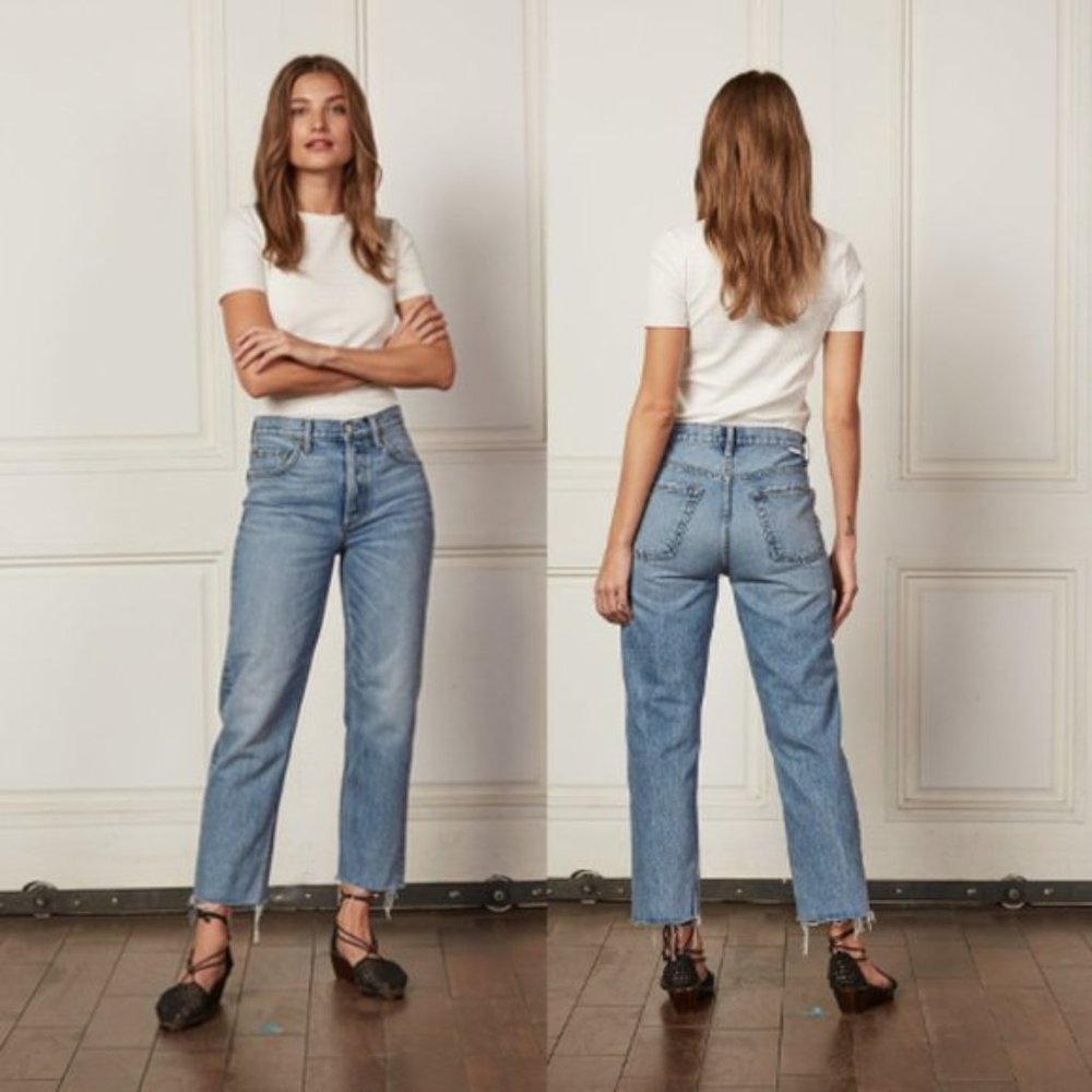 FREE PEOPLE - Straight Leg Frayed Raw Hem Jeans